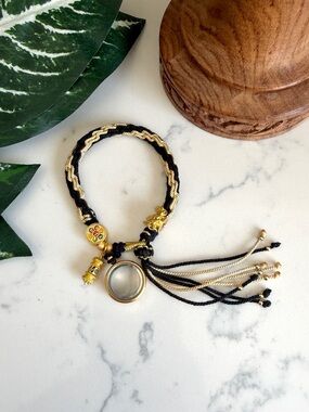 3/$22🩶 Tibetan Style Rope Bracelet Black Gold Woven PREOWNED Tassels Charms